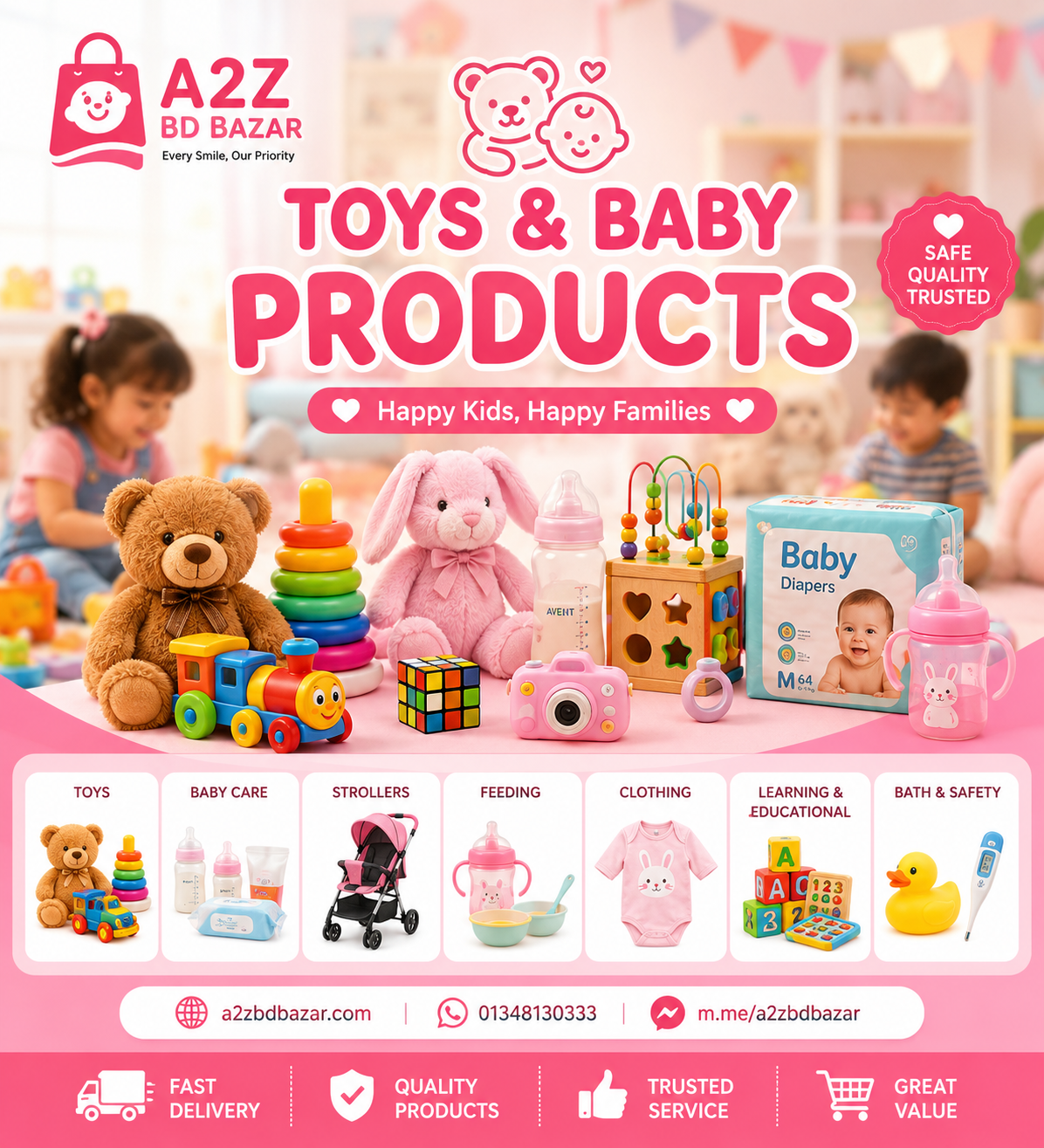 Toys and Baby Products collection banner featuring kids toys, baby care items, stroller, feeding accessories, clothing, and learning products by A2Z BD Bazar