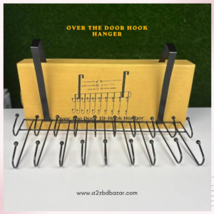 Over the door hook hanger with multiple hooks for hanging clothes, bags, and accessories on a door without drilling